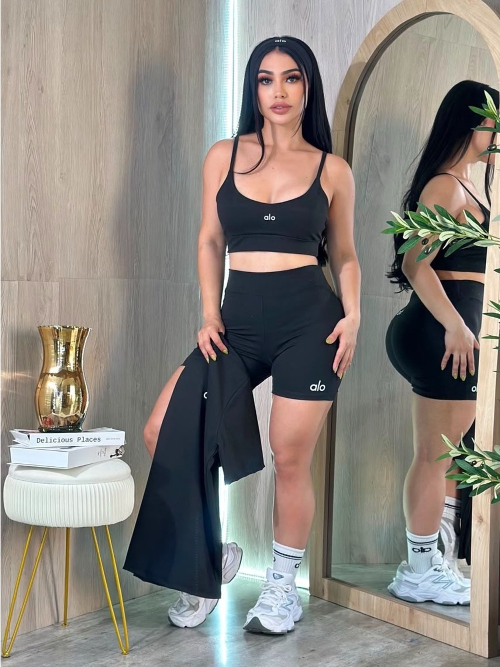 ALO Yoga Black High-Waist Bike Shorts with Crop Top